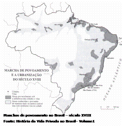 Caixa de texto:  Manchas de povoamento no Brasil  sculo XVIII
Fonte: Histria da Vida Privada no Brasil Volume1

