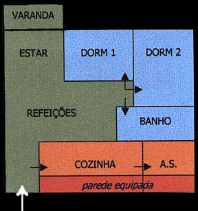 Esquema  de tipologia recorrente de apartamento de 2 dormitórios